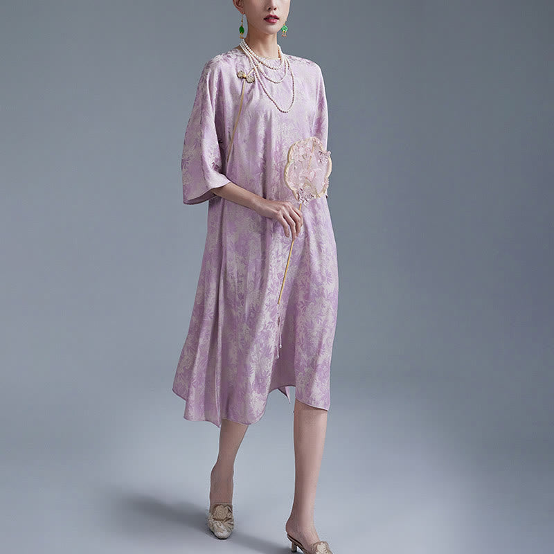 Small Flower Leaf Jacquard Chinese Cheongsam Qipao Midi Dress With Pockets
