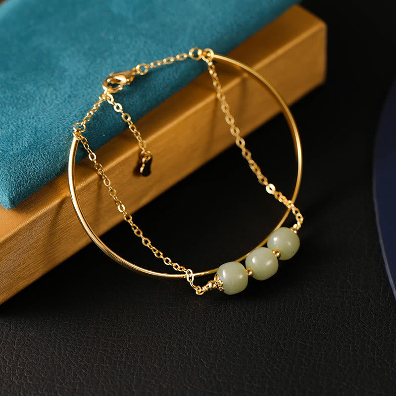 Copper Plated Gold Hetian Jade Bead Luck Double Layer Bracelet Bangle