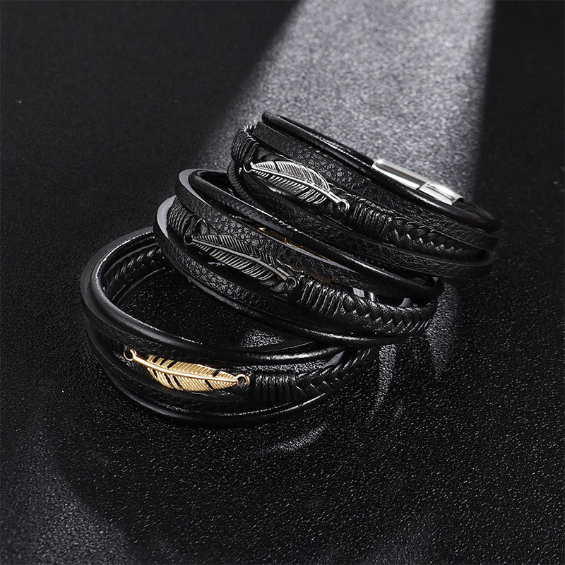 Feather Pattern Multilayer Leather Titanium Steel Calm Braided Magnetic Buckle Bracelet