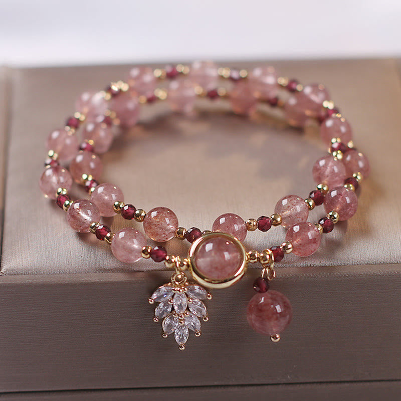 Natural Strawberry Quartz 6mm Bead Double Wrap Bracelet with Maple Leaf Charm