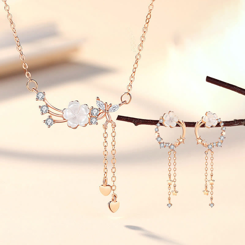 925 Sterling Silver Flower Butterfly Love Necklace Pendant Earrings Set