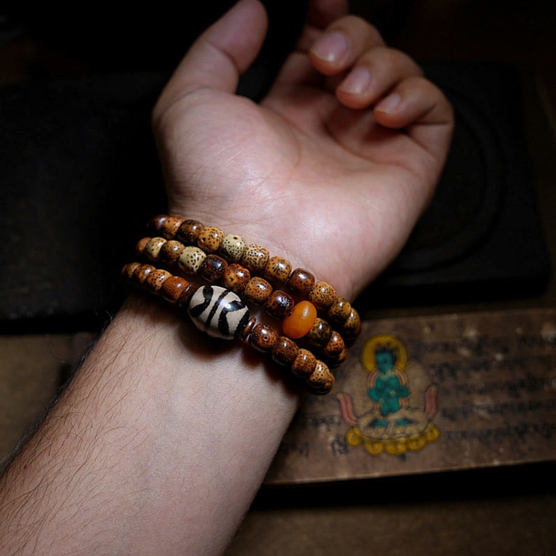 Tibetan Bodhi Seed Amber Dzi Bead Agate Zakiram Goddess of Wealth Beads Triple Wrap Bracelet