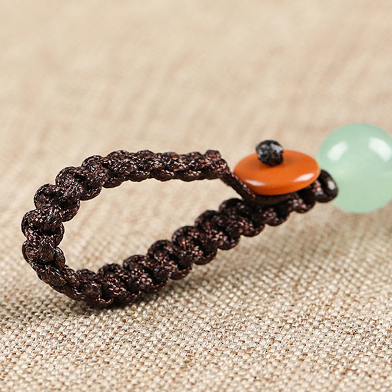 Hand-Carved Lucky Cat Wood Charm with Green Aventurine, Boxwood & Olive Wood Phone Keychain