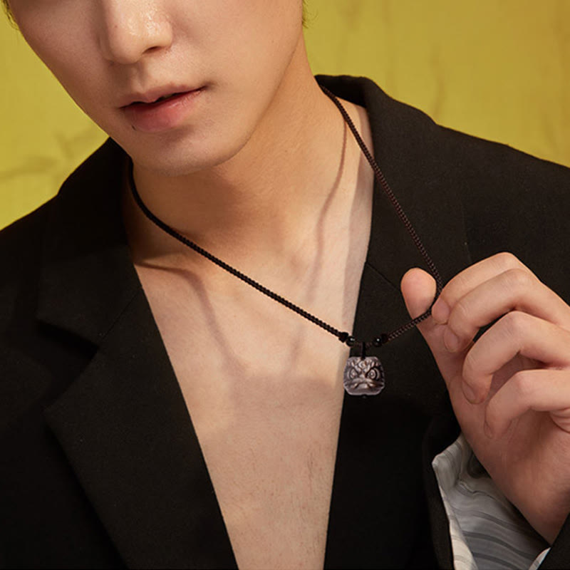 Natural Silver Sheen Obsidian Red Agate Dancing Lion Protection Necklace Pendant