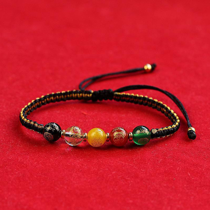 Handmade Five Directions Agate & Onyx Gold Copper Braided Red String Bracelet