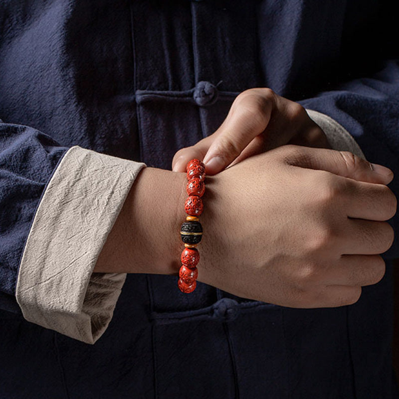 Natural Cinnabar & Ebony Wood Beaded Bracelet for Mindful Centering