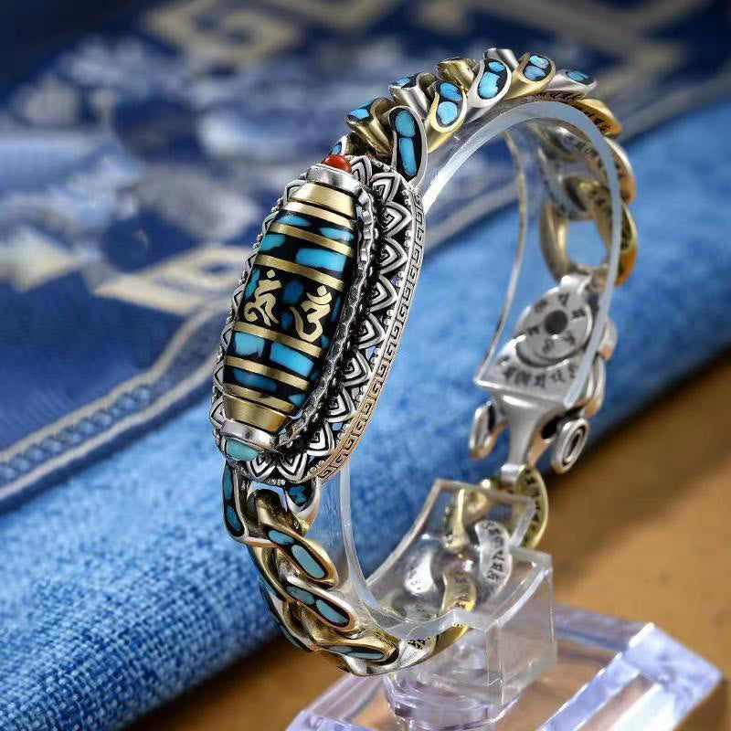 Tibetan Nine-Eye Dzi Bead Om Mani Padme Hum Turquoise Protection Rotatable Bracelet