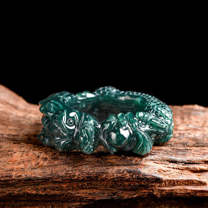 Natural Cyan Jade Dragon Carved Success Ring