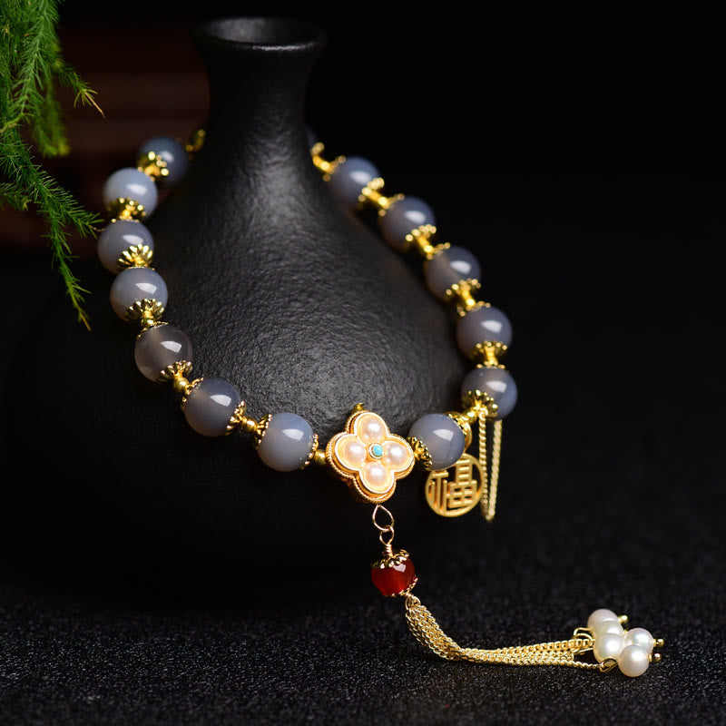 Natural Gray Agate and Pearl Beaded Bracelet with Fu Symbol Tassel