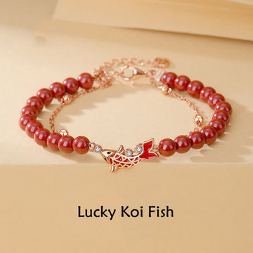 Polished 925 Sterling Silver Koi Fish Charm Bracelet with Cinnabar and Zircon Double Layer Chain