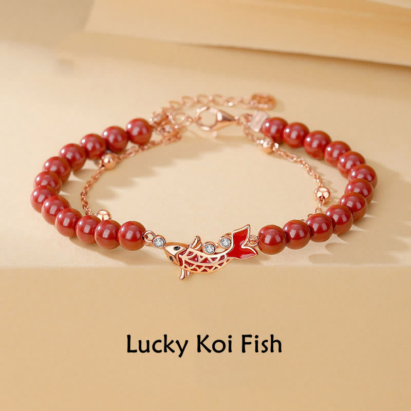 Polished 925 Sterling Silver Koi Fish Charm Bracelet with Cinnabar and Zircon Double Layer Chain