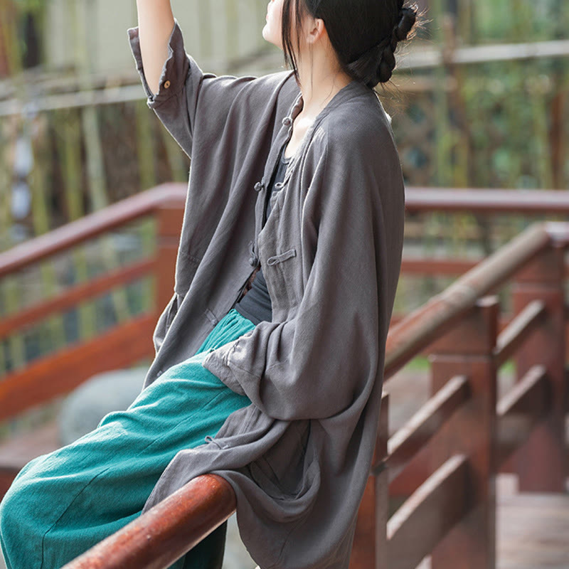 Frog-Button Long Sleeve Zen Meditation Open Front Jacket With Pockets