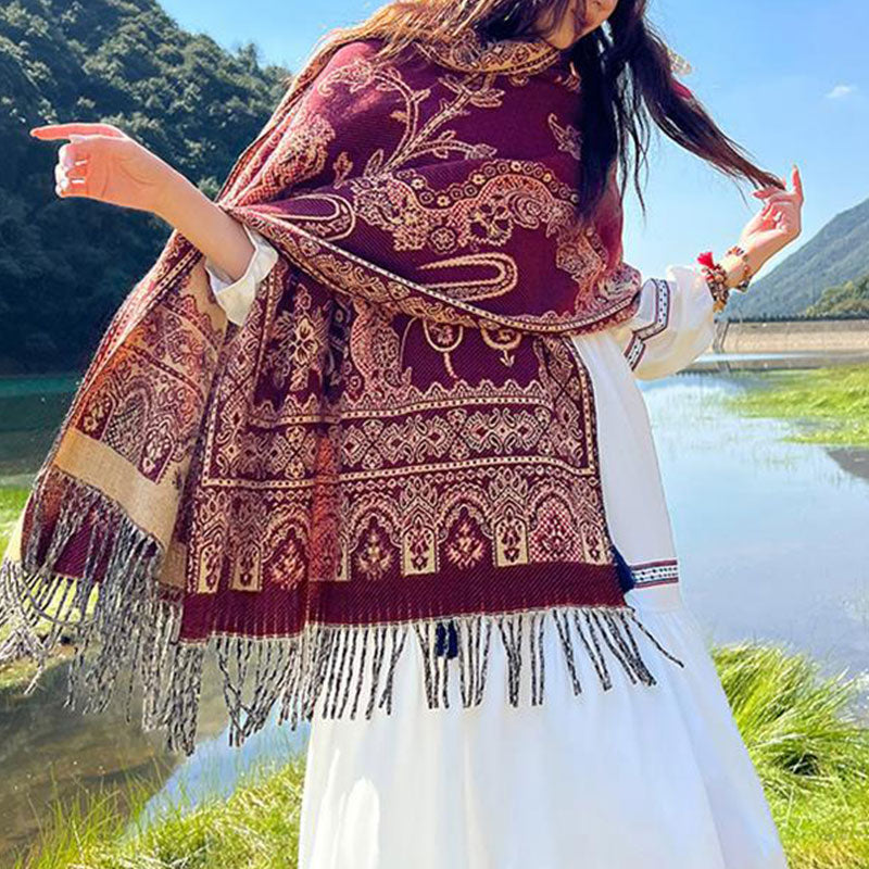 Vintage Tibetan Leaves Pattern Design Shawl Cozy Travel Scarf Wrap