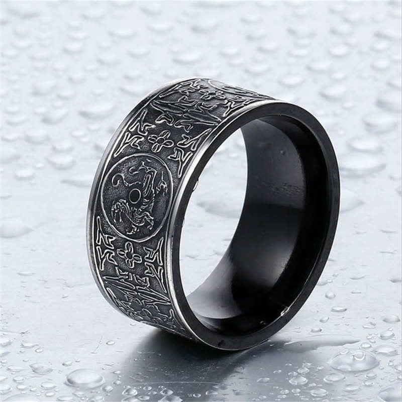 Four Guardian Beast Dragon White Tiger Suzaku Basalt Carved Success Luck Ring