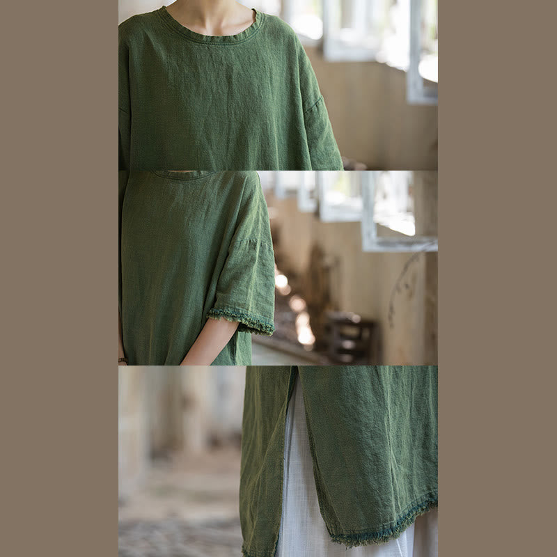 Mid Length Dress Ramie Linen Half Sleeve Split Hem Top T-Shirt