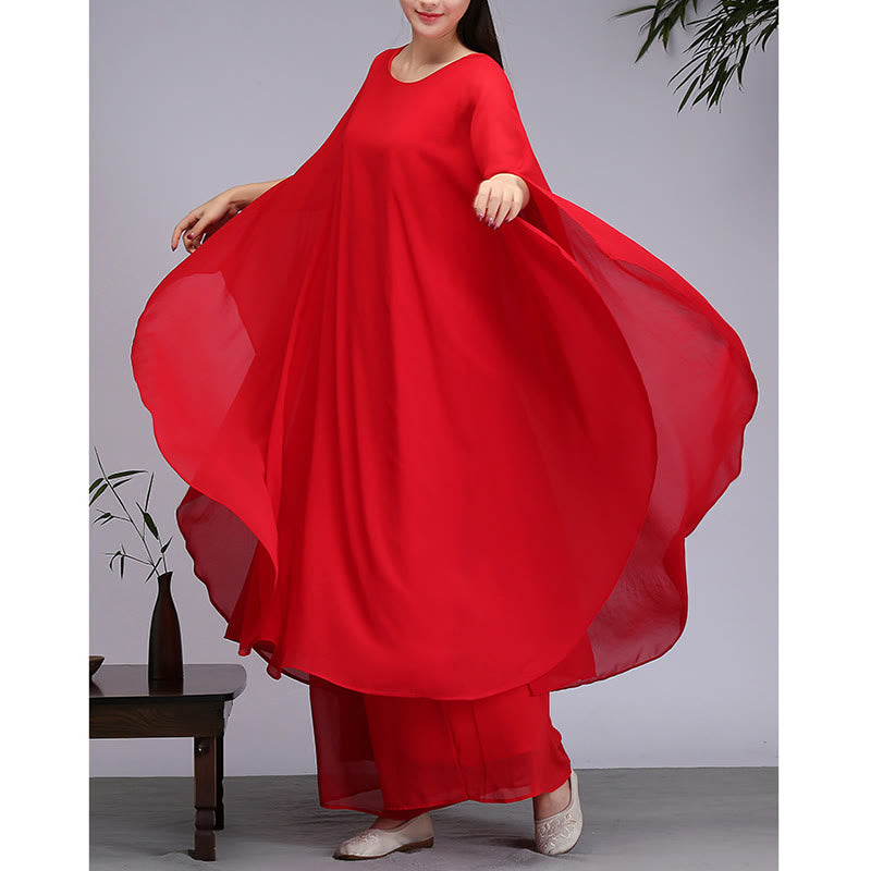 Lightweight Chiffon Flowing Midi Dress and Wide-Leg Meditation Set