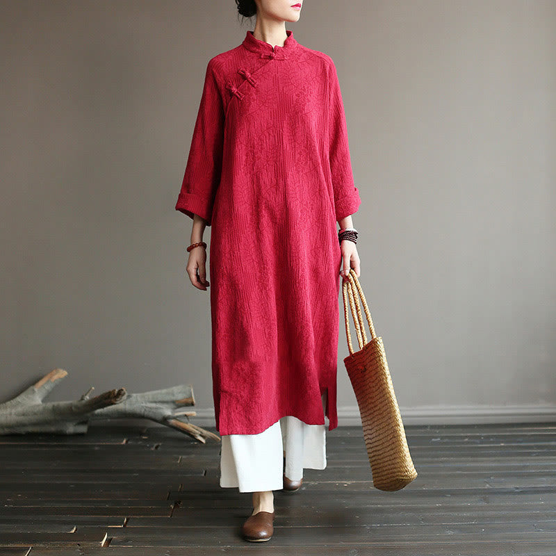 Flower Jacquard Midi Dress Long Sleeve Cotton Linen Dress Wide Leg Pants With Pockets
