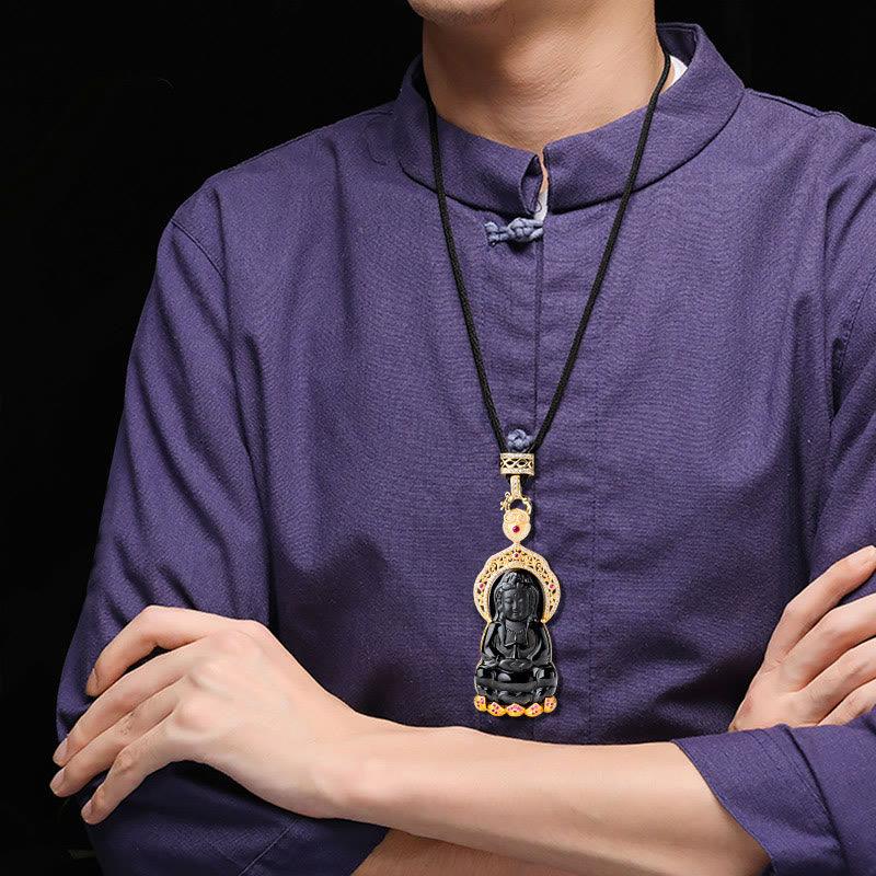 925 Sterling Silver Natural Black Jade Kwan Yin Avalokitesvara Wealth Necklace Pendant