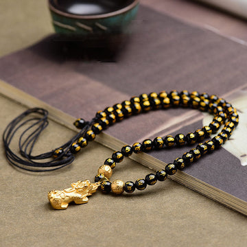 Grounding Black Onyx and Obsidian Om Mani Padme Hum Pixiu Pendant Necklace