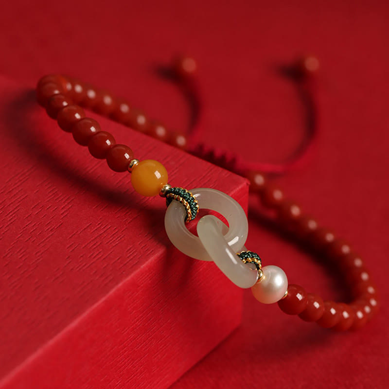 Natural Red Agate Hetian Jade Double Peace Buckle Confidence Bracelet