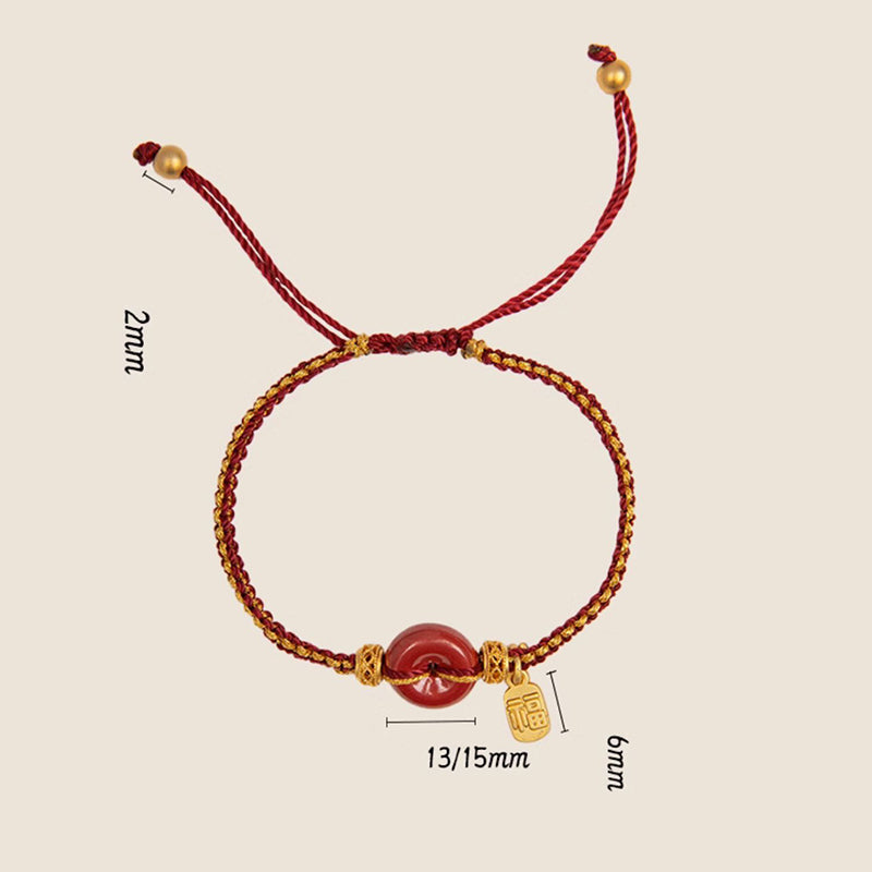 Natural Cinnabar Peace Buckle Fu Character Charm Blessing Braided Bracelet