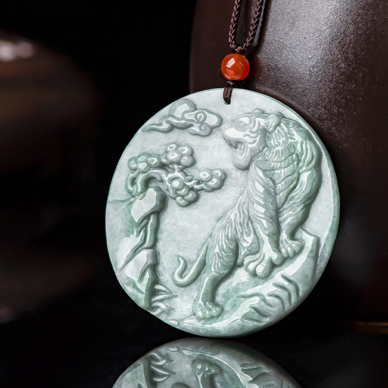 Chinese Zodiac Tiger Jade Protection Necklace String Pendant