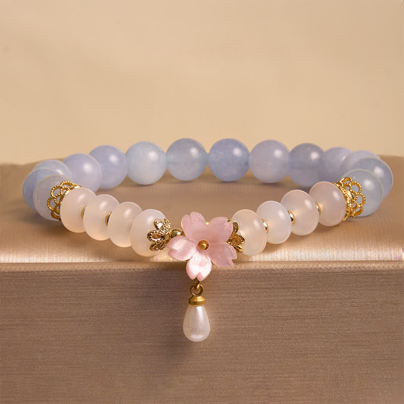 Aquamarine & White Agate Pearl Abacus Bead Bracelet with Floral Charm