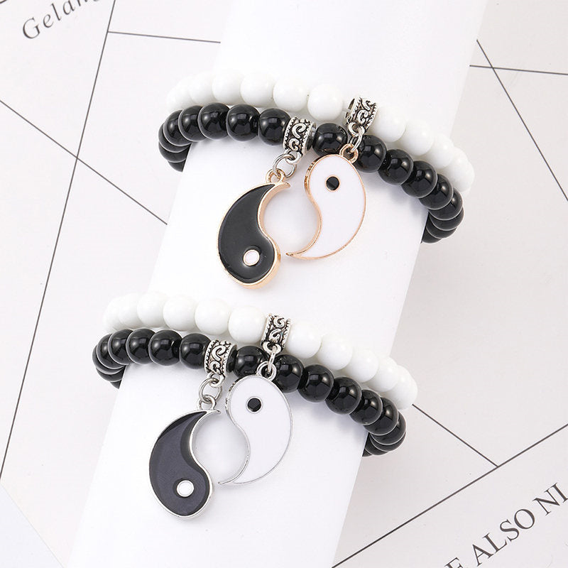 2Pcs Black Onyx White Turquoise Bead Yin Yang Protection Couple Bracelet