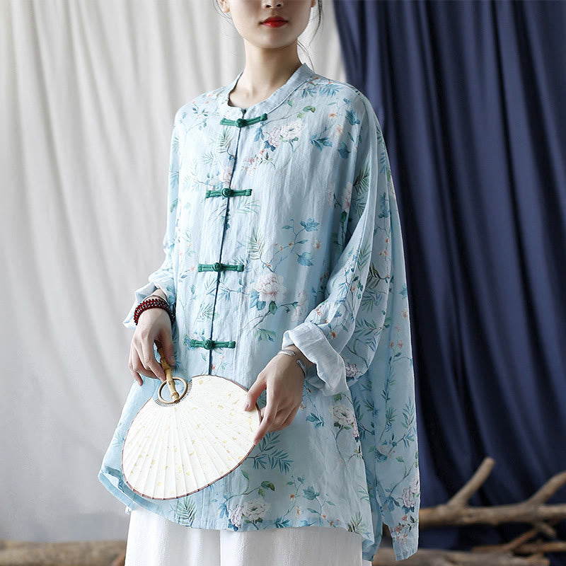 Light Green Pink Flowers Green Leaves Frog-Button Long Sleeve Ramie Linen Jacket Shirt