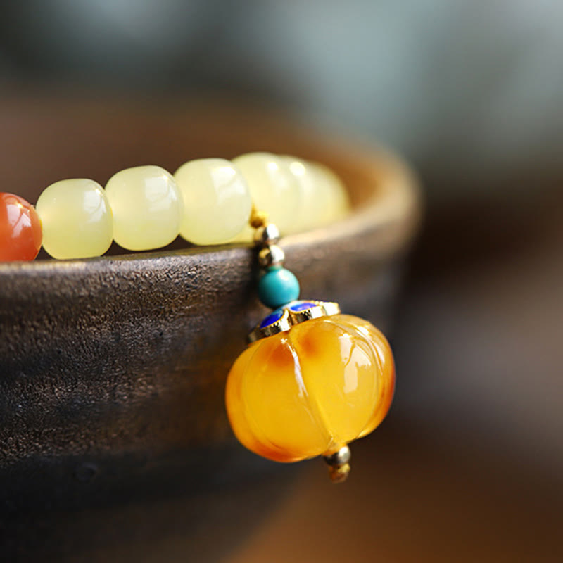 Natural Hetian Jade Amber and Red Agate Pumpkin Carved Gemstone Bracelet