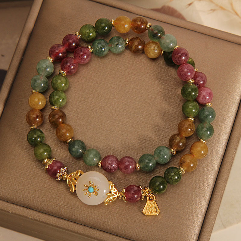 Natural Multicolored Tourmaline Positive Jade Flower Double Wrap Bracelet