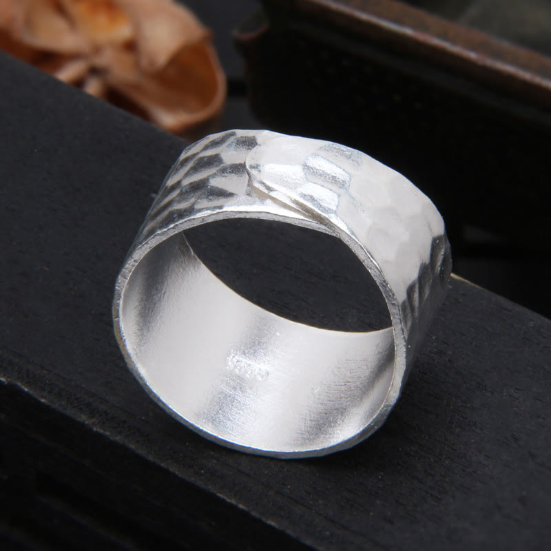 Tibetan 990 Sterling Silver Handmade Rustic Hammered Pattern Ring
