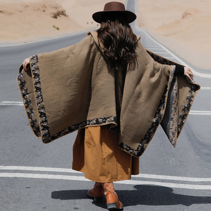 Tibetan Shawl Border Small Floral Flower Hooded Cloak Winter Cozy Travel Scarf Wrap