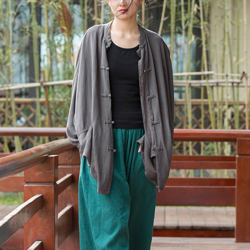 Frog-Button Long Sleeve Zen Meditation Open Front Jacket With Pockets