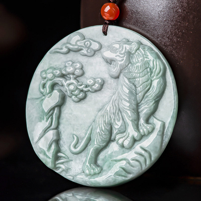 Chinese Zodiac Tiger Jade Protection Necklace String Pendant