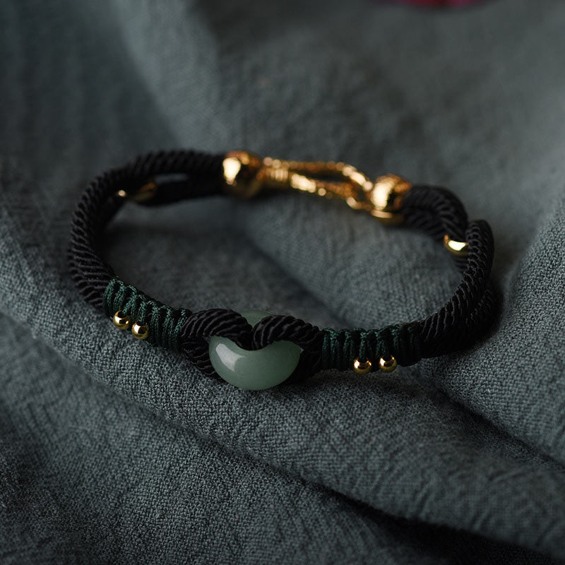 Minimalist Tibetan Jade and Gold Black Rope Couple Bracelet