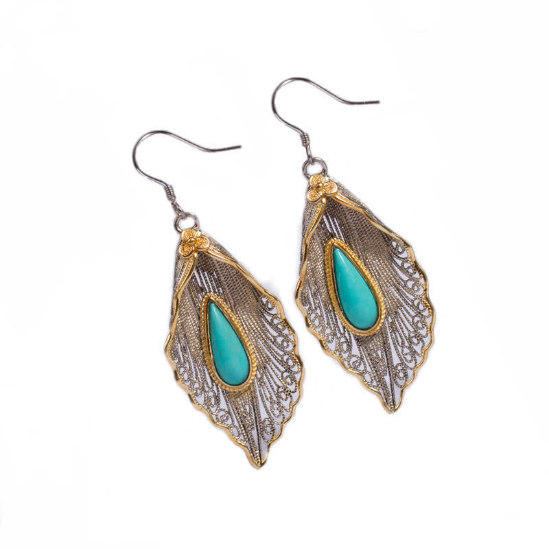 Bodhi Leaf Pattern 925 Sterling Silver Turquoise Dangle Drop Earrings