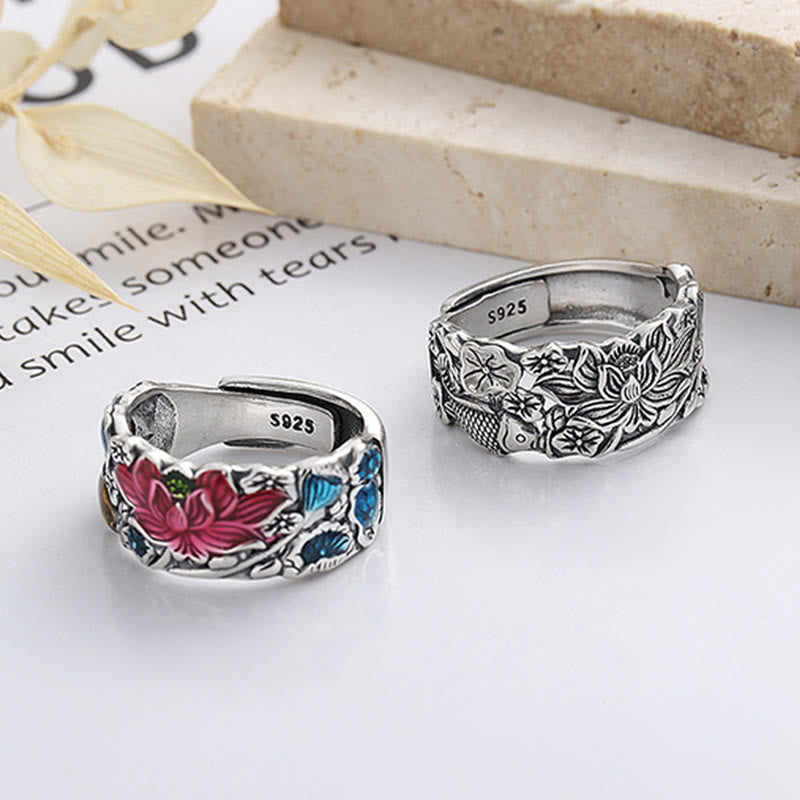 925 Sterling Silver Koi Fish Lotus Flower Prosperity Ring