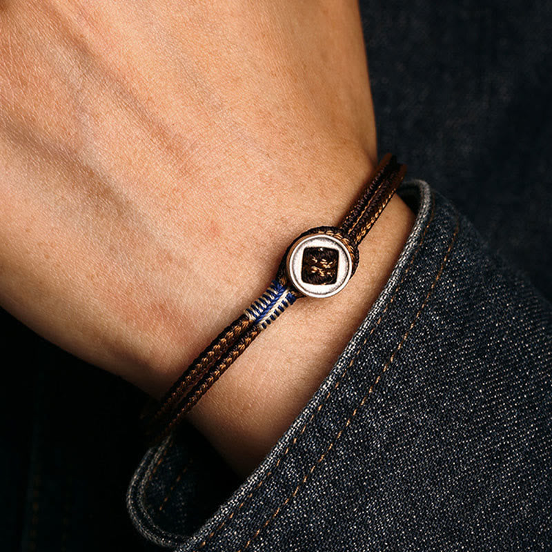Handmade 925 Sterling Silver Button Weave Cord Bracelet for Men and Women