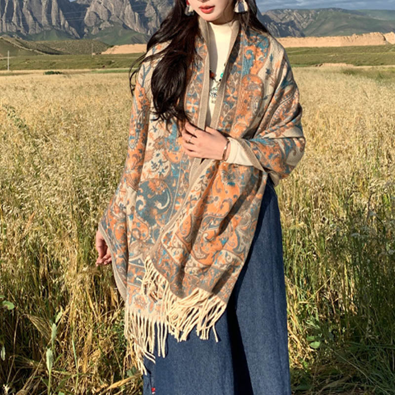 Tibetan Flower Branch Tassel Shawl Cozy Travel Scarf Wrap