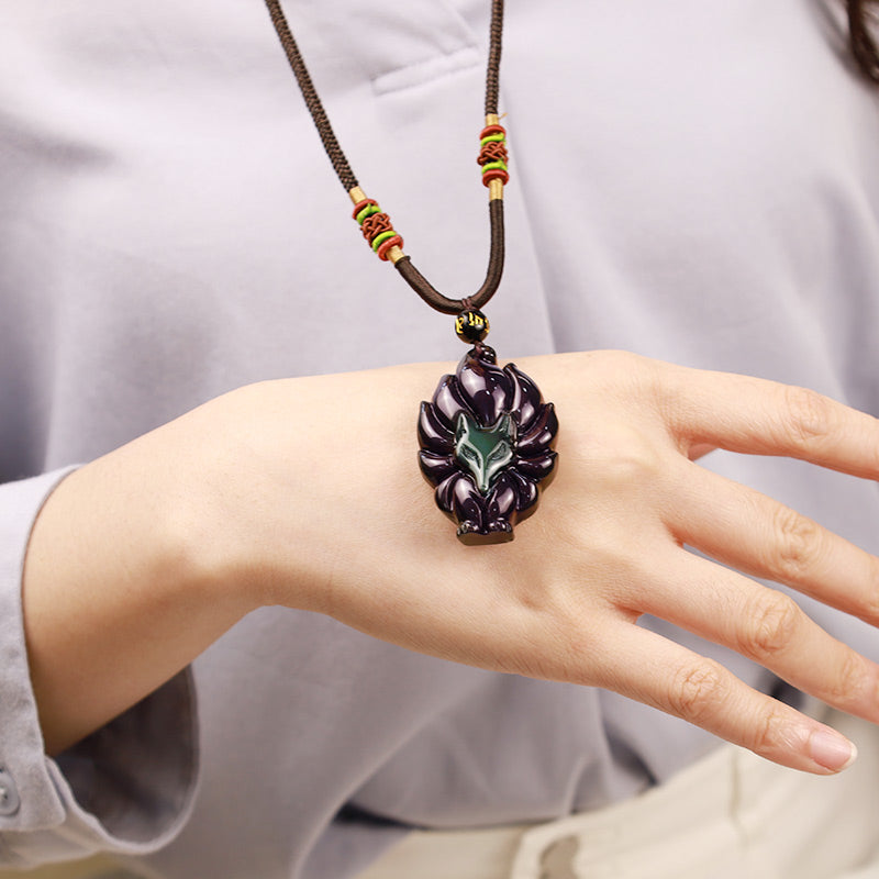 Natural Rainbow Obsidian Gold Sheen Obsidian Nine Tailed Fox Positive Necklace Pendant