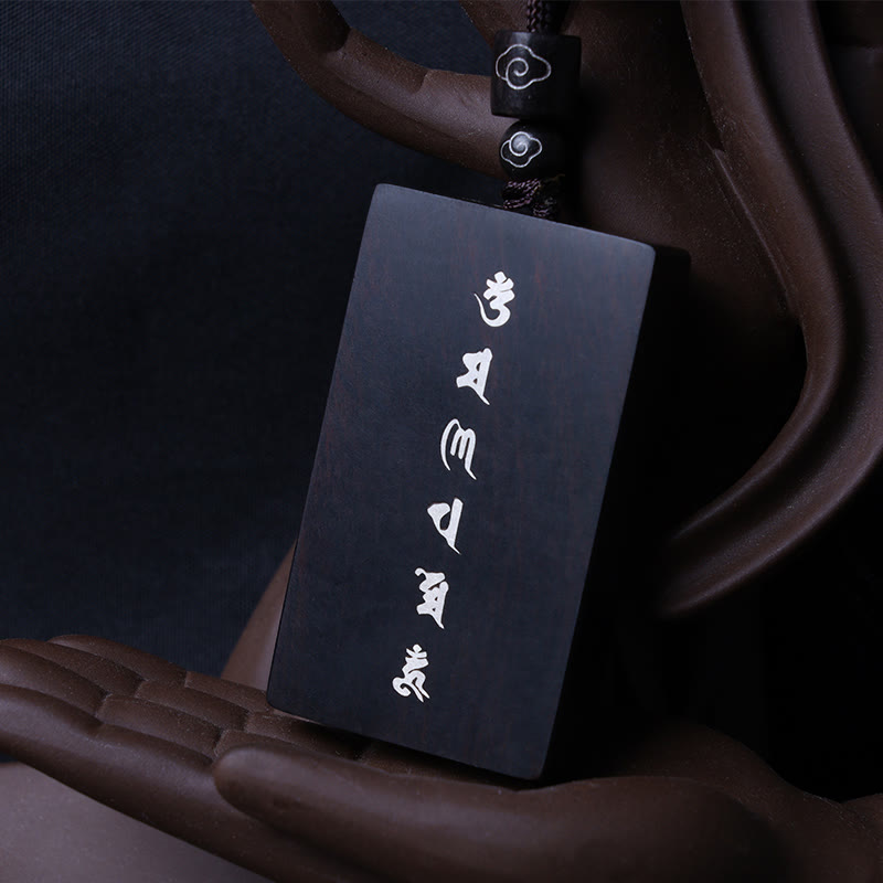999 Sterling Silver Small Leaf Red Sandalwood Ebony Wood Om Mani Padme Hum Inlaid Protection Necklace Pendant