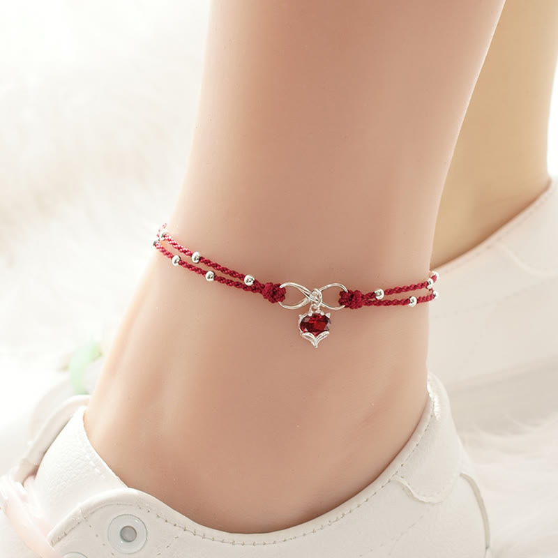 Sterling Silver & Copper Heart Infinity Braided Red String Anklet