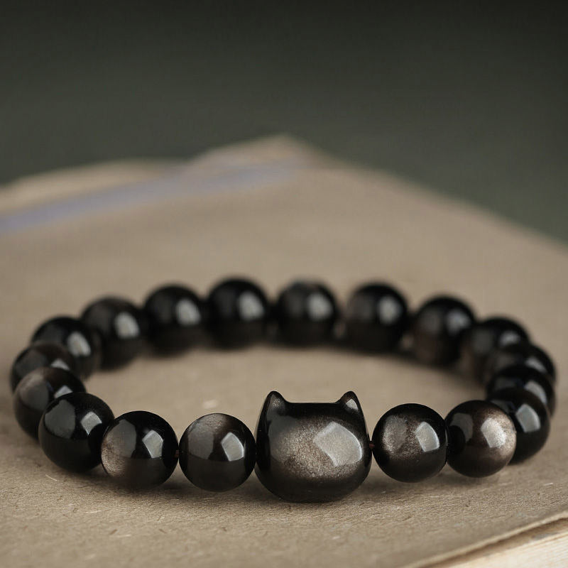Handmade Gold & Silver Sheen Obsidian Feline Charm Beaded Bracelet