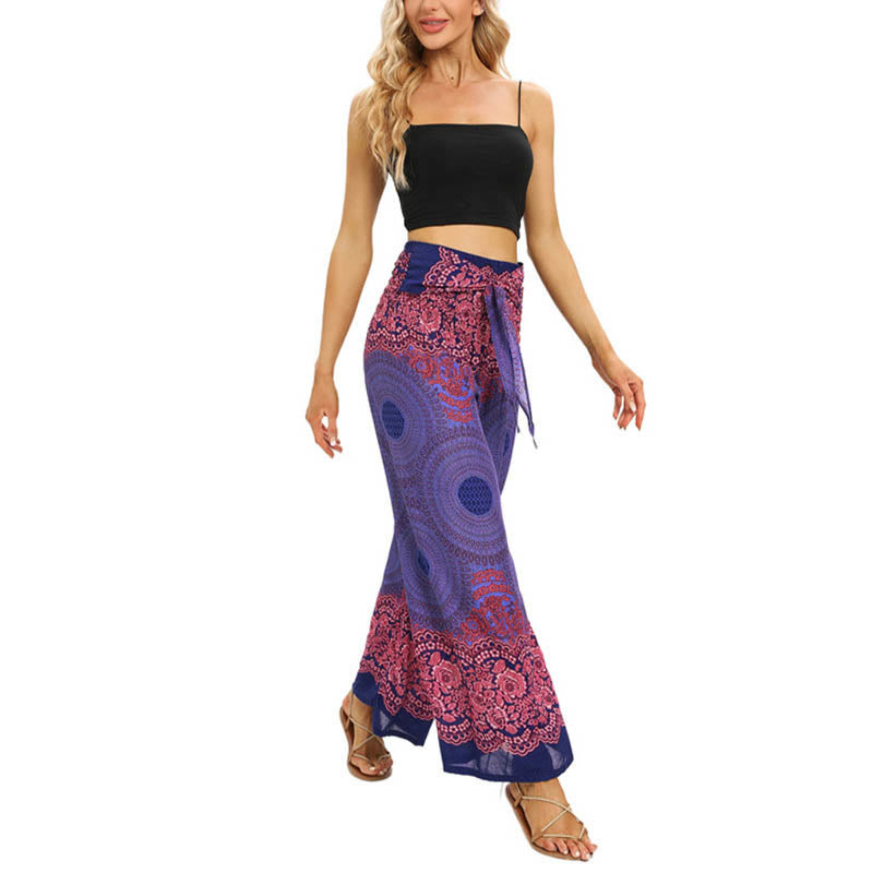 Bohemian Compass Flower Print Lace-up Wide Leg Pants Women's Yoga Pants