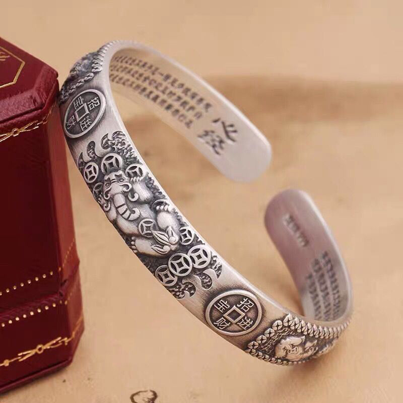Tibetan PiXiu Heart Sutra Coin White Copper Wealth Bracelet Adjustable Bangle