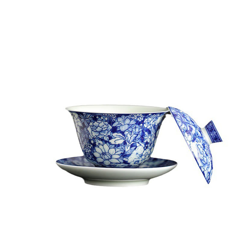 Vintage Blue And White Porcelain Ceramic Gaiwan Sancai Teacup Kung Fu Tea Cup And Saucer With Lid