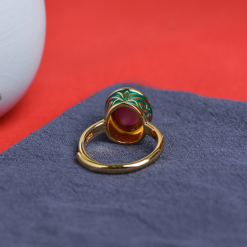 Adjustable 925 Sterling Silver Ruby Ring with Floral & Leaf Motifs