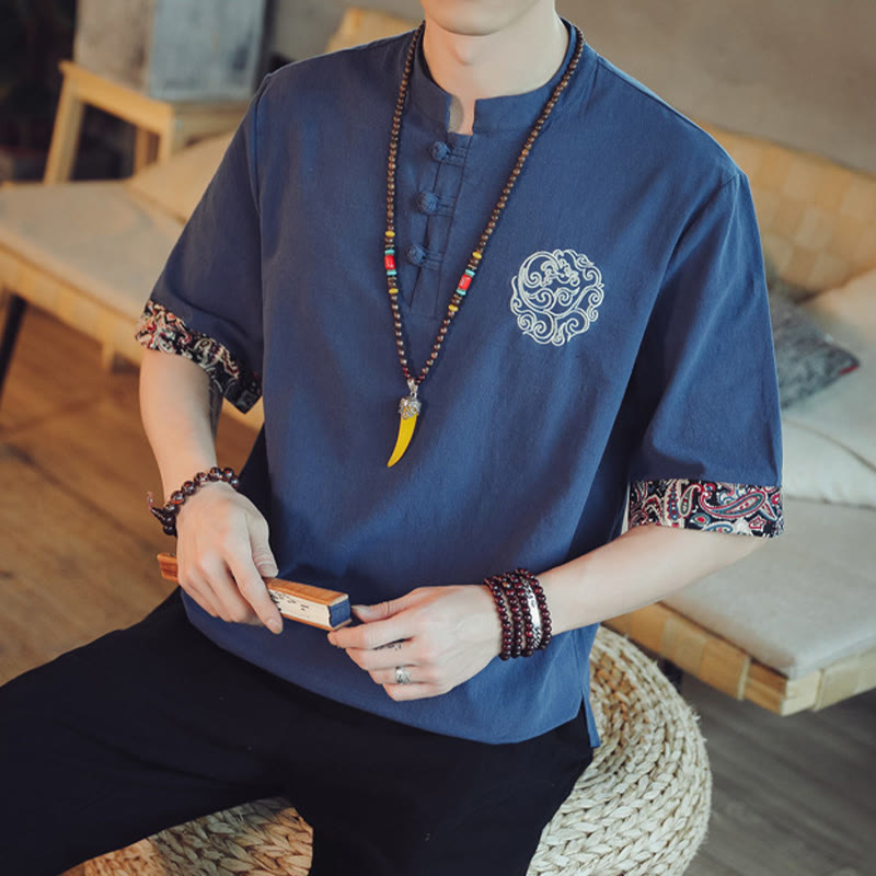Frog-Button Dragon Embroidery Chinese Tang Suit Short Sleeve Shirt Linen Men Clothing