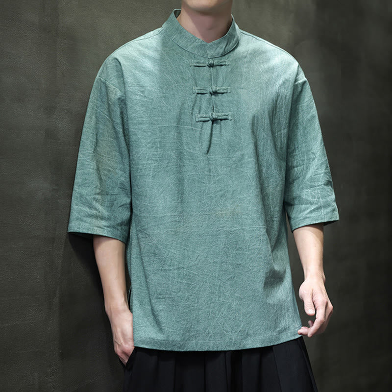 Cotton Linen Half-Sleeve Stand Collar Meditation Shirt